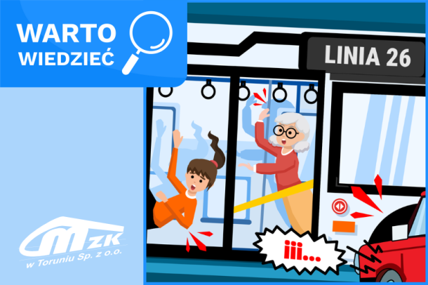 Grafika promująca kampanię edukacyjną - trzymanie się poręczy w komunikacji miejskiej