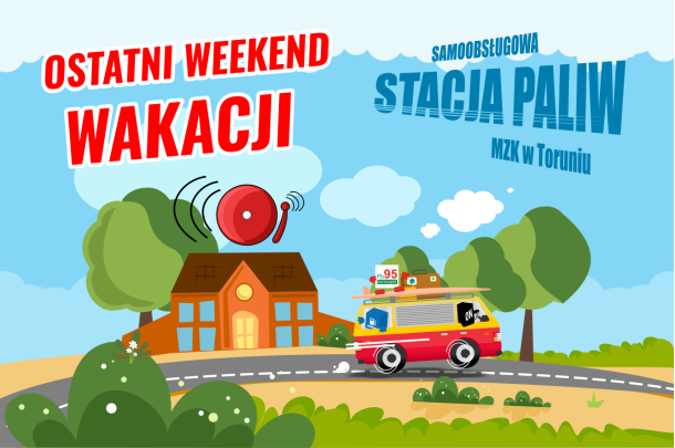 grafika z promocją stacji paliw - szkoła, dzwonek, samochód
