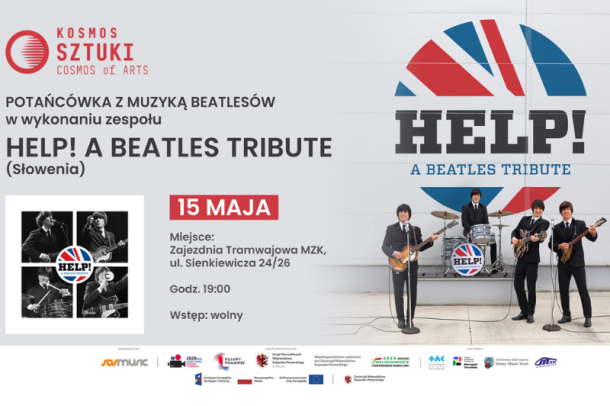 plakat promujący potańcówkę z muzyką beatlesów na terenie zajezdni tramwajowej - zdjęcie zespołu