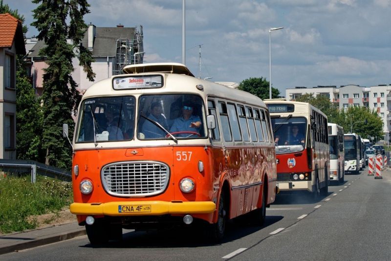 Zdjęcie zabytkowego Jelcza w paradzie autobusów