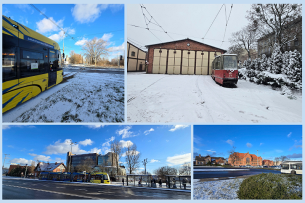 kolaż zdjęć taboru MZK w zimowej aurze