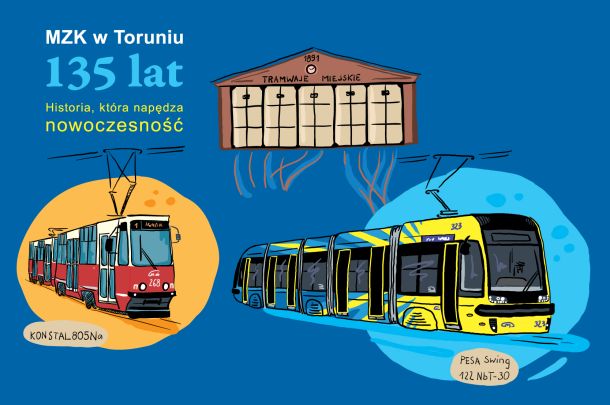 grafika promująca jubileusz MZK w Toruniu - grafiki pojazdów:  tramwaje Konstal i Pesa