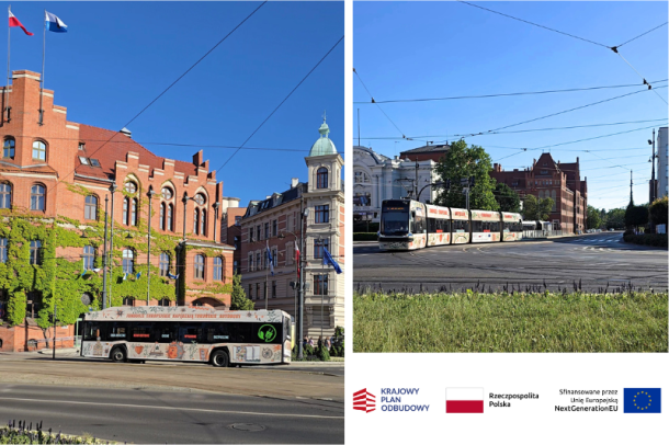 zdjęcie tramwaju i autobusu oklejonego grafikami toruńskimi