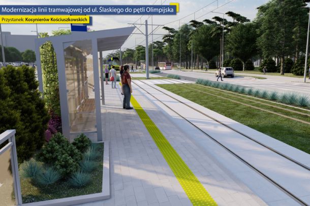 wizualizacja zmodernizowanego przystanku tramwajowego z widocznym peronem i torowiskiem tramwajowym wybudowanym w technologii zielonej